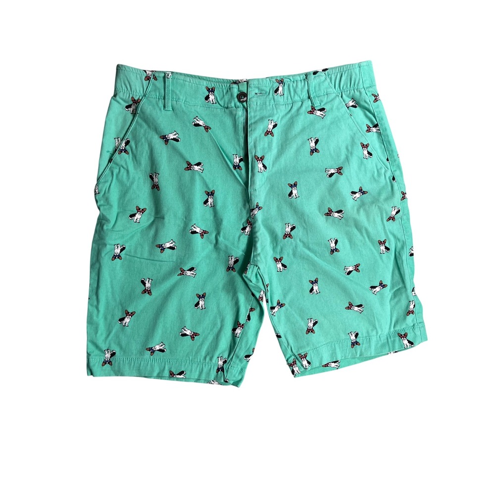 FLX Mens 32 Dog Print Shorts French Bulldog Golf Chino Green Novelty Summer
